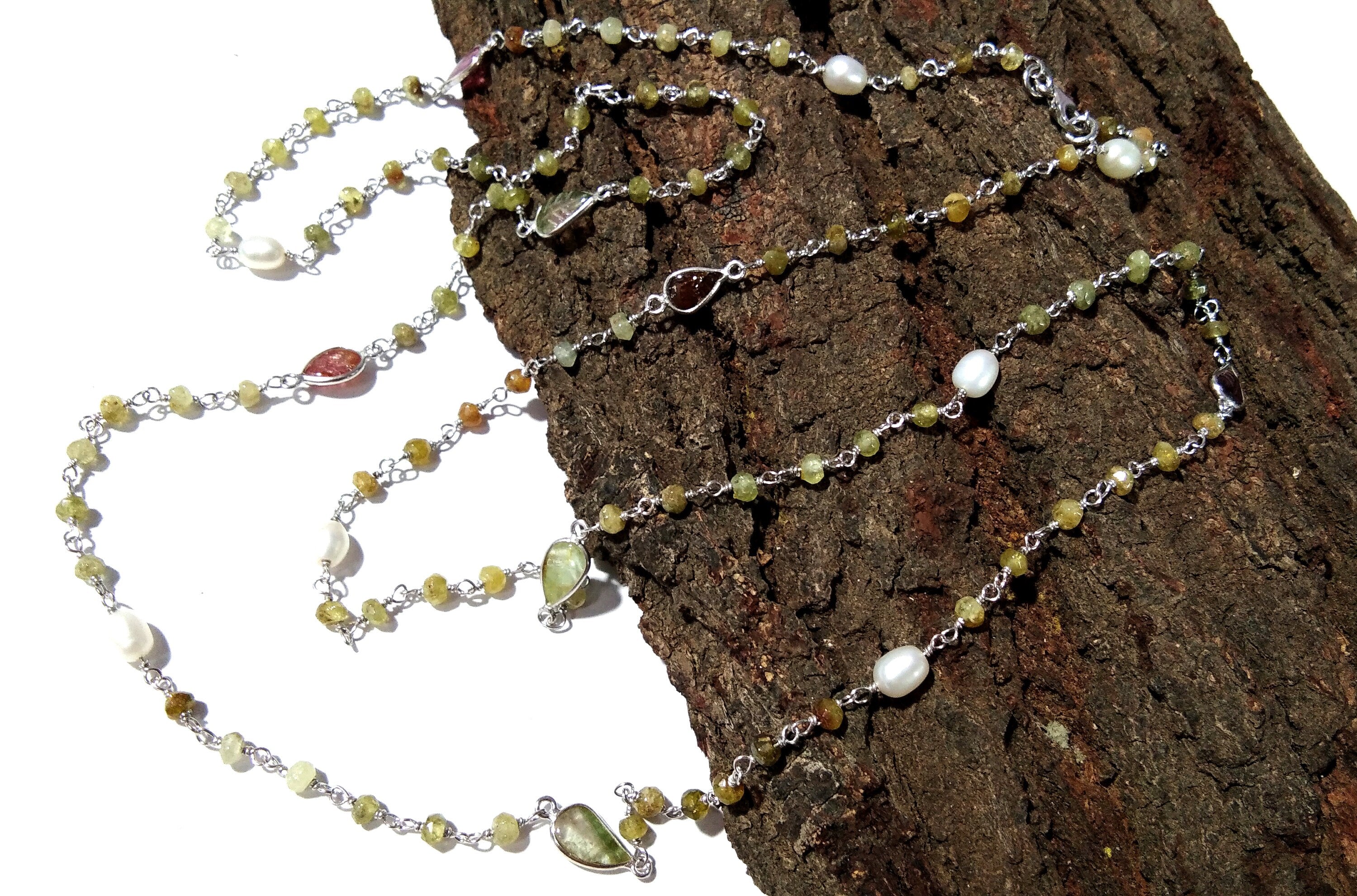 36'' Log Necklace ! Vessonite Necklace With Tourmaline & Pearl, 925 Sterling Silver Jewelry, Handmade Beaded Necklace, Gemstone Necklace.